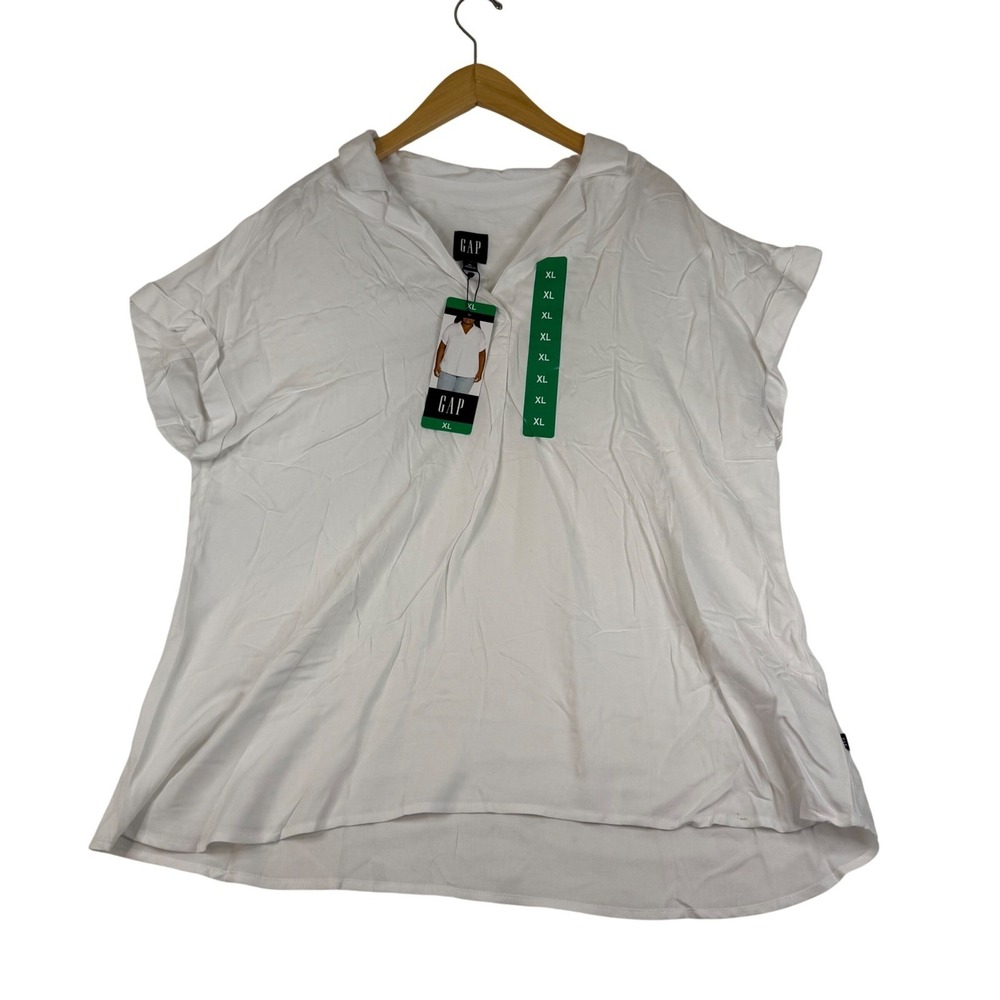 Gap Womens White V-Neck Short Sleeve Relaxed Fit Blouse Top XL NEW